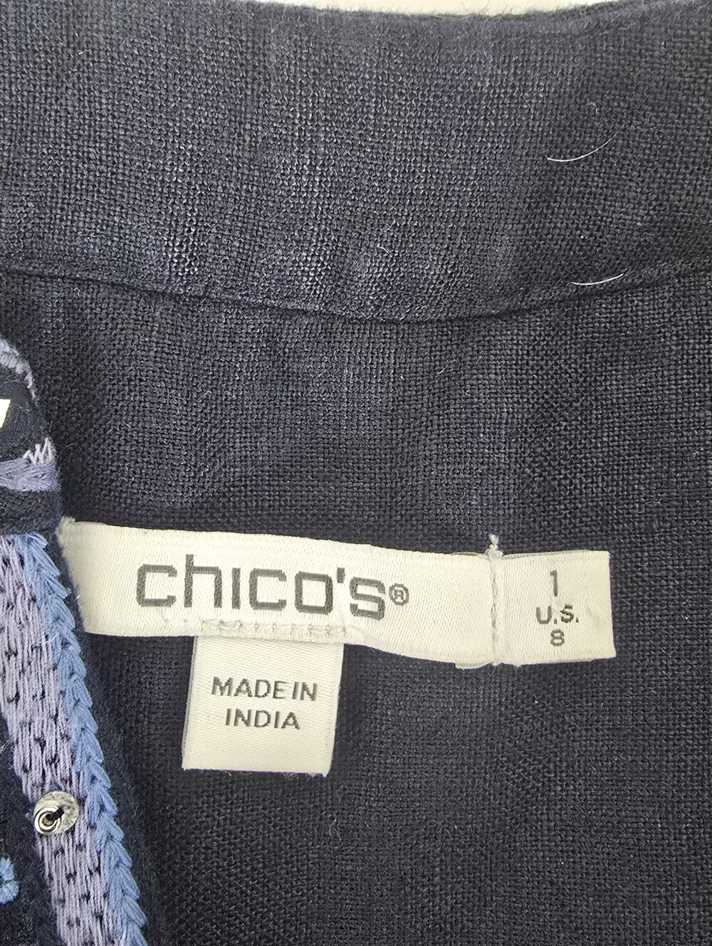 Chico's Navy Blue Embroidered Beaded Linen Tunic Dress Boho Size 1 US 8 Pockets - Picture 15 of 15